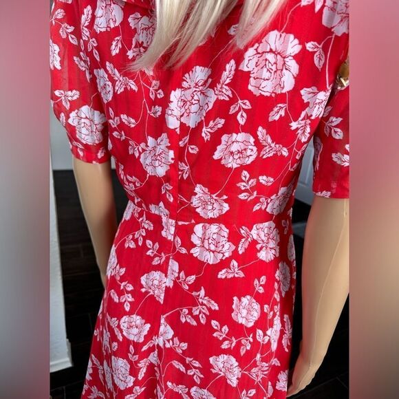 Lulu’s Ximena Coral Red Floral Print Ruffled Short Sleeve Mini Dress sz M EUC - Picture 13 of 16